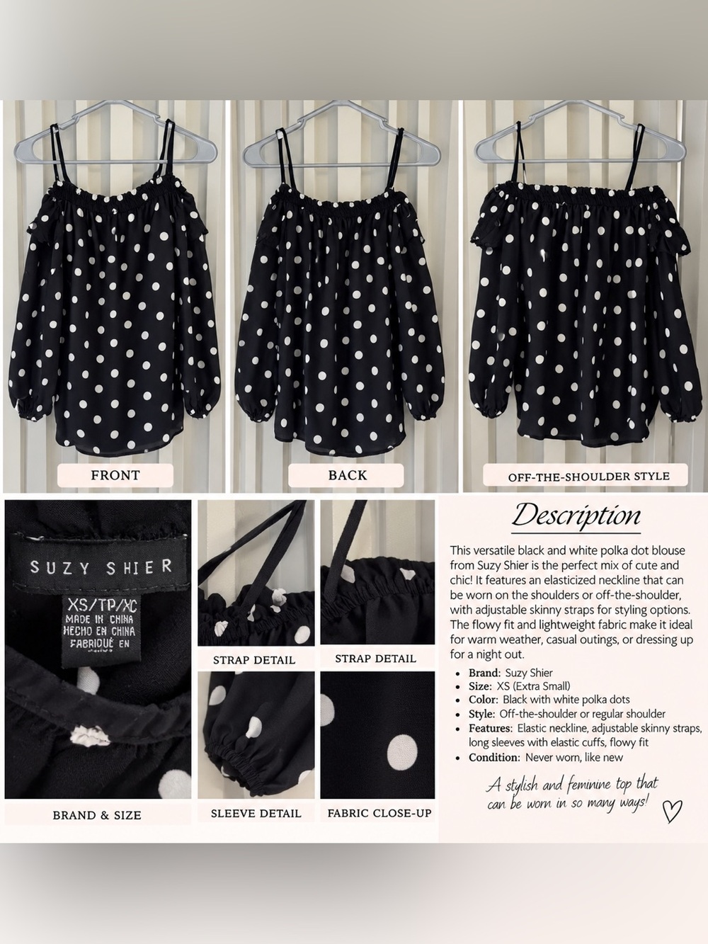 Suzy Shier Black and White Polka Dot Off-Shoulder Blouse
